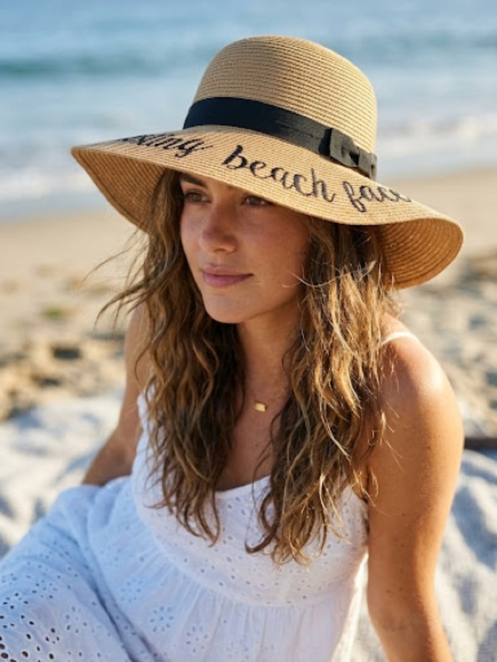 Wide Brim Straw Sun Hat - Tan with Black Script